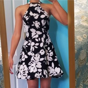 Black white mini cocktail fit flare halter dress